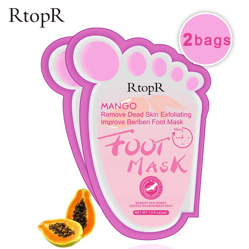 RTOPR 2 сумки манго маска для ног пилинг отбеливающий увлажняющий, отшелушивающий обновление педикюр удаление омертвевшей кожи пятки носки для пилинга
