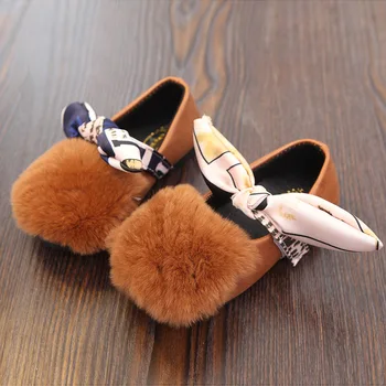 

Autumn/Spring Children Girl Leather Shoes Fashion Kids Princess Peas Shoes Rabbit Fur Baby Girls Glowing Casual Shoes With Bow