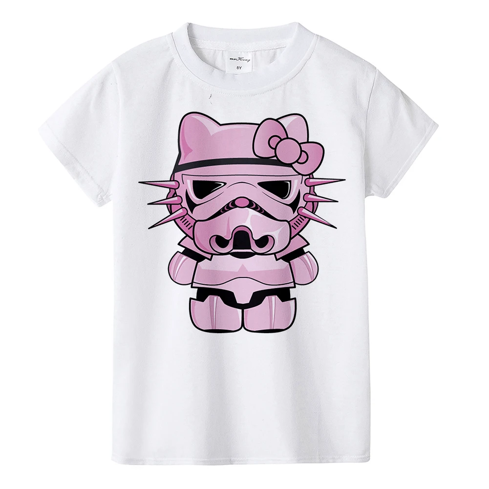 От 3 до 9 лет, Детская Хлопковая футболка для девочек и мальчиков, детские топы с принтом «hello kitty», уличная упаковка, розовое летнее платье Das Vida, круглый воротник, Звездные войны