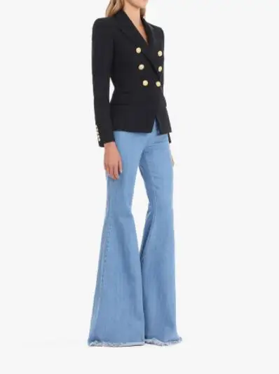 

TOP QUALITY BLACK Double Breasted Blazer GOLD Embossed Buttoned Long SLeeved Flap Pockets Woman Fashion coat 2019 New