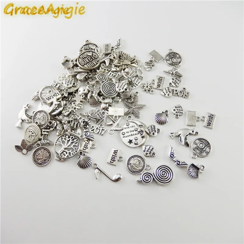

GraceAngie 100 pcs Mixed Style Round Shape Life Tree Screw Shell Bird Hand Shape Pendant Charms Necklace DIY Jewelry Findings