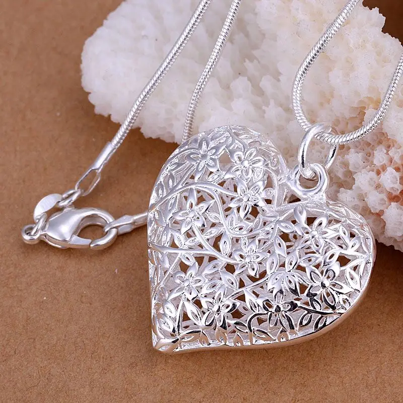 925 Sterling Silver Plated 3D Hollow Filigree Flower Heart Pendant Necklace 18"