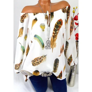 

Plus Size S-5XL Women Autumn Blouse Sexy Off Shoulder Feather Print Women Tops Three Quarter Sleeve Casual Blouse Women Shirts