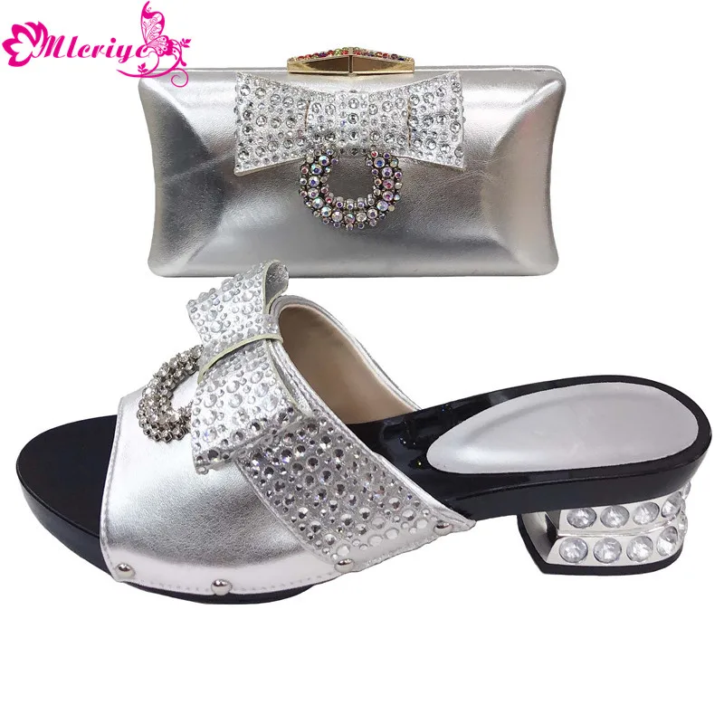 

Sliver Color Italian Shoe with Matching Bags High Quality African Shoe and Bag Set for Party In Women Nigerian Shoes and Bag Set