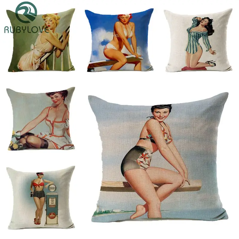 

RUBYLOVE Sexy Woman Pattern Printing Cushion Cover Printed Luxury Linen Cotton Home Decorative Pillows Cover For Sofa Pillowcase