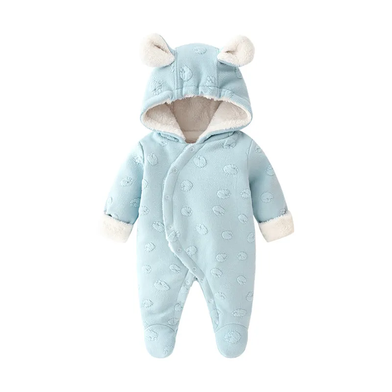Зимние комбинезоны для новорожденных мальчиков и девочек, утепленный теплый хлопковый комбинезон с капюшоном, одежда с кроликом, рождественские Боди, Комбинезоны - Цвет: Blue Jumpsuit
