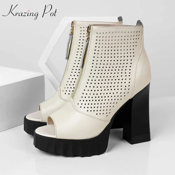 

Krazing pot brand shoes extreme high heel genuine leather breathable hollow zipper peep toe women pumps office lady shoes L10
