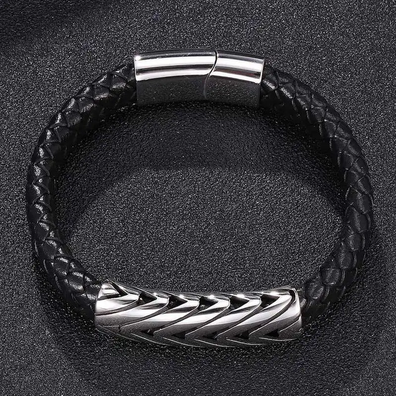 Мужские ювелирные изделия в стиле панк, черный плетеный кожаный браслет, браслеты с магнитными застежками из нержавеющей стали, мужской простой браслет на запястье PW793