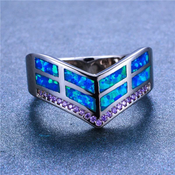 Cute Women V Letter Wave Ring Boho White Blue Fire Opal Stone Ring Fashion Silver Color Wedding Engagement Rings - Цвет основного камня: Blue Opal