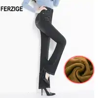 FERZIGE Jeans Woman Flare Pants Winter Thicken Warmer Fleece High Waist Black Stretch Mom Jeans Women Push Up Sexy Plus Size 36