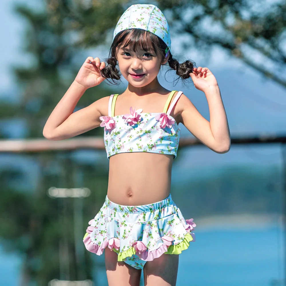 

Girls' Swimsuit Kids Bikini Ruffle Swimwear For Girls Bathing Suit Children With Swim Cap Beauty Sports Beachwear Summer Pool