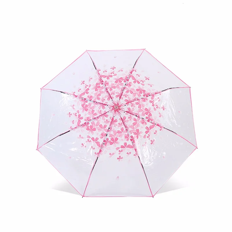 

Cherry Blossom Transparent Umbrella For Creative Cute Pink Petal Three-folding Clear Women Windproof Rainproof Rain Umbrellas