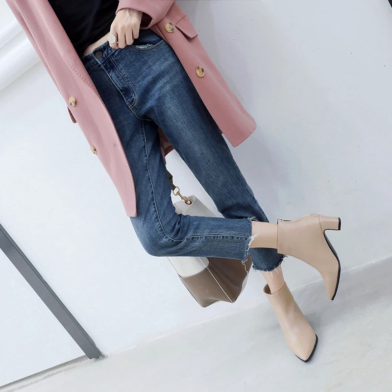 Pointed Toe Square Heel Women Boots Fashion Buckle Ankle Boots Women Shoes Zipper Cheap High Heel Boots Shoes Woman Large Size