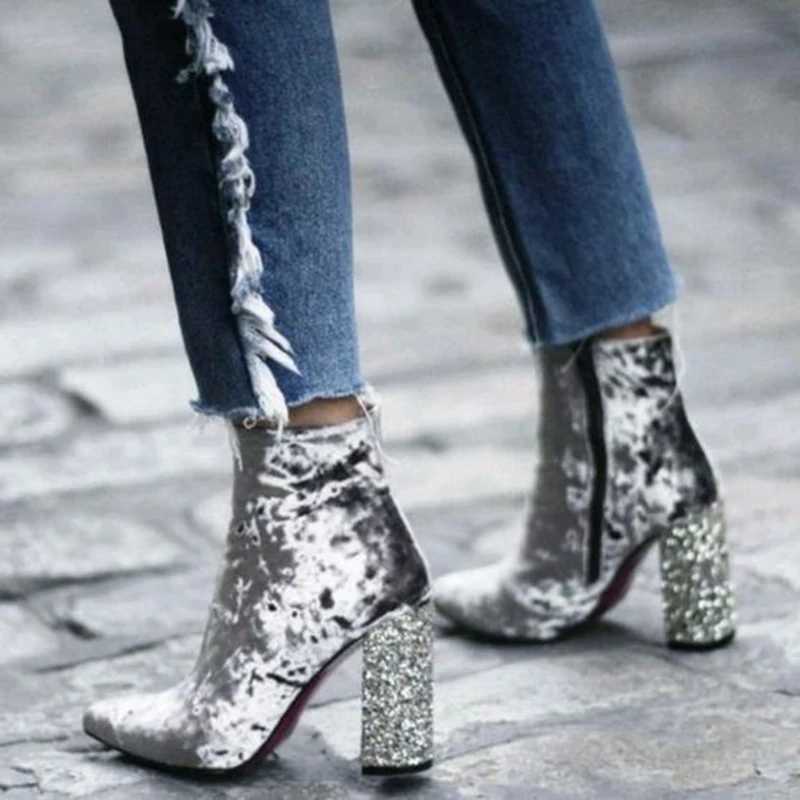 

2019 Women 10cm High Heels Glitter Fetish Boots Thick Block Heels Luxury Design Velvet Ankle Boots Sequins Autumn Chunky Shoes