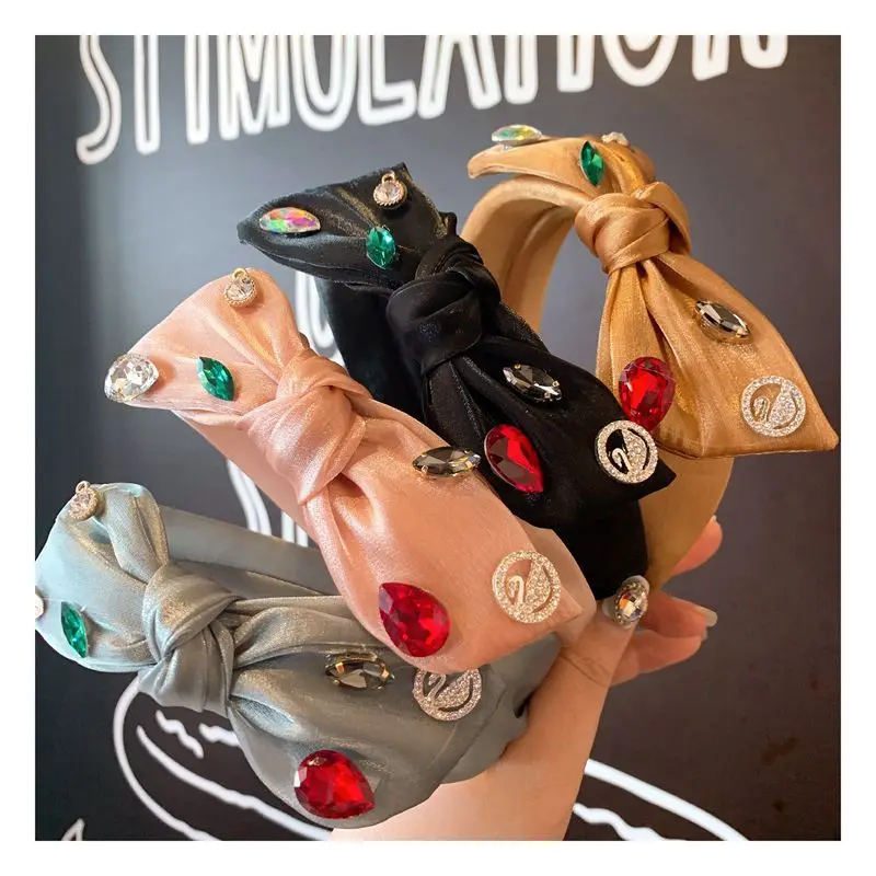 

Silk Satin Diamond Knot Headbands For Women Korea Hair Accessories Shining Hairband for Girls Crown Flower Hairbands Head Wrap