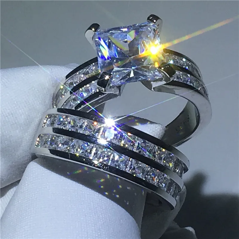 Роскошные наборы свадебных колец серебряного цвета с вырезом принцессы 3ct AAAAA Cz