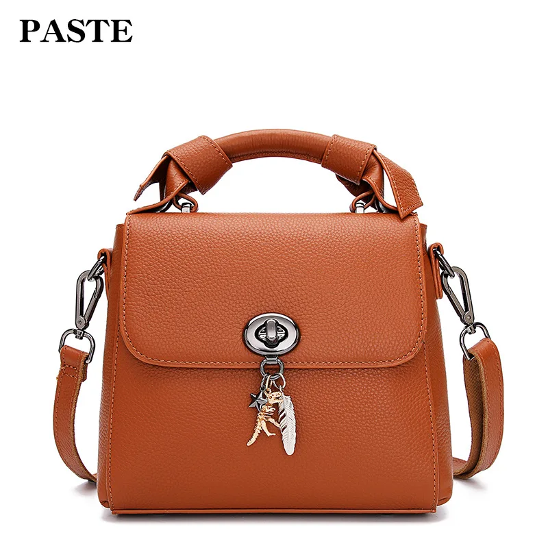 

2018 New Brand PASTE Small Saffiano Bag for Women Leather Hanbag Elegant Shoulder Messenger Bag with Feather Hang Decorations