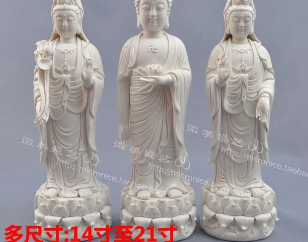 

14" Dehua White Porcelain Western 3 Gods Kwan-yin Shakyamuni Buddha Set Statue