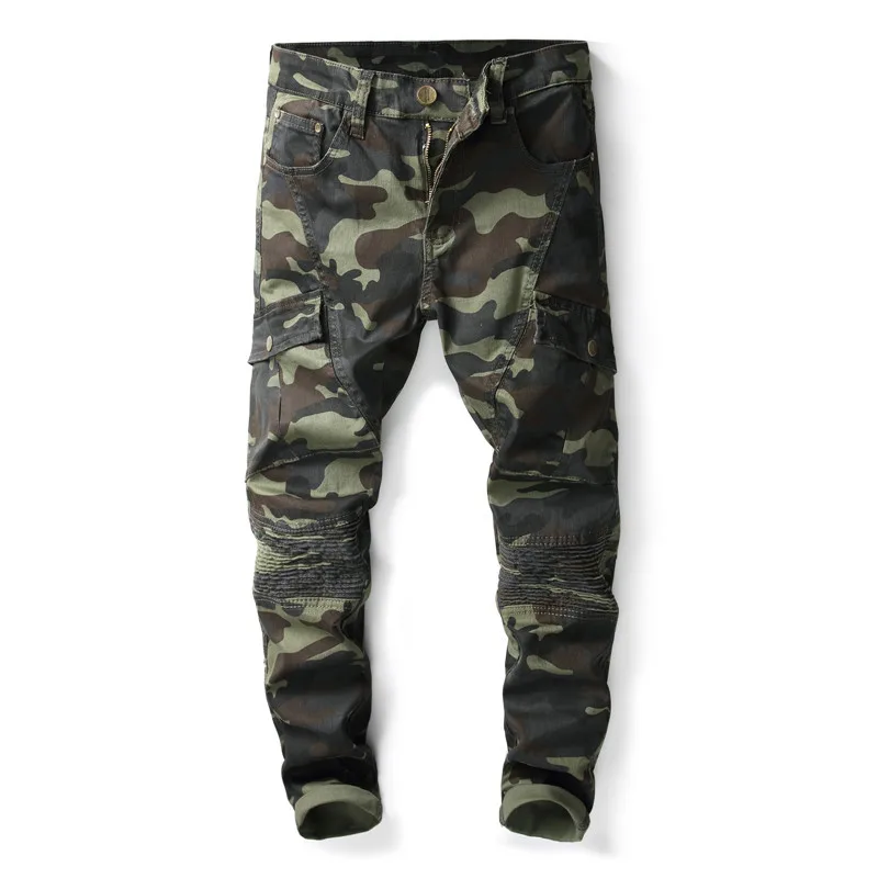 

Newsosoo Denim Jeans Pants Men Camouflage Military Style Motorcycle Denim Biker Jeans Trousers With Multi-pockets