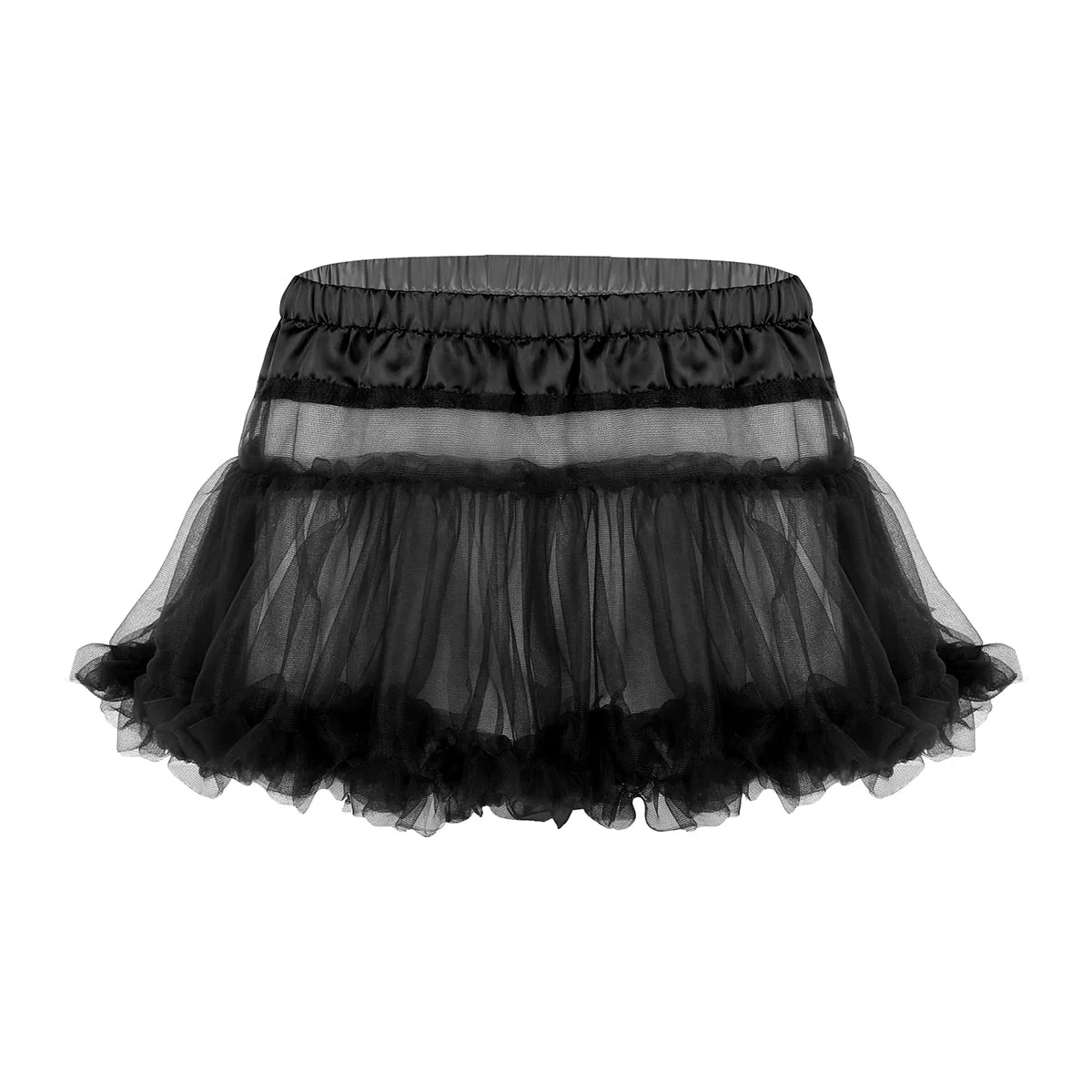 Black Мужское нижнее белье SISSY, трусики, юбки, атласные, эластичный пояс, оборками, мягкий тюль, многослойная юбка, короткая, для мужчин, Babydolls, мини-пачка - Цвет: Black