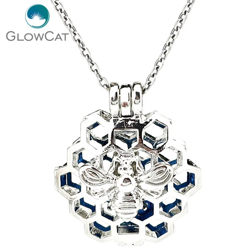 

K1177 Silver Alloy Bee Hollow Honeycomb Pearl Cage Pendant Chain Aroma Essential Oil Diffuser Locket Necklace