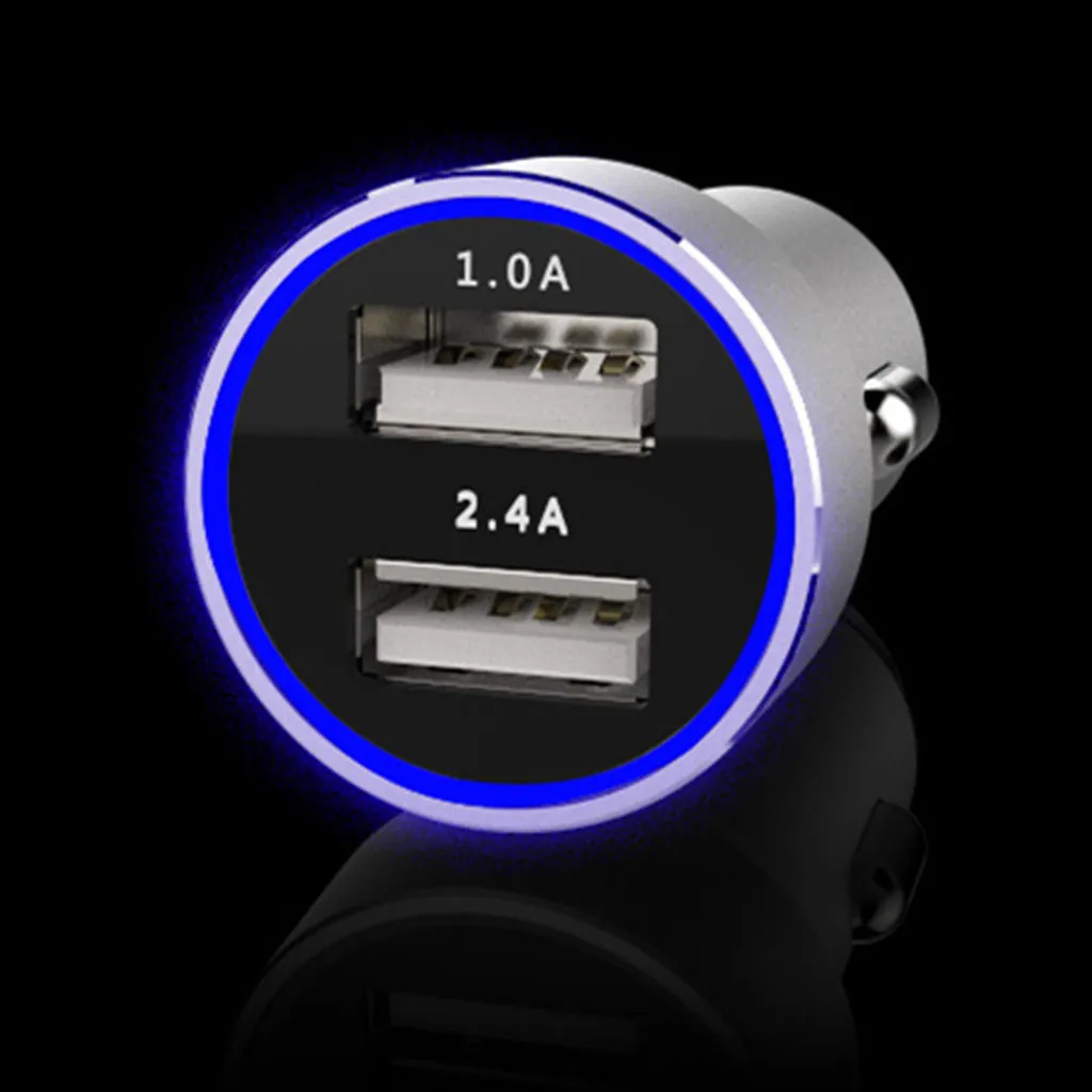 

USB Car Charger High Quality 12V 2.4A/1A 2Ports Car Charging Fast Charger Metal With LED Light For Smartphone Charger CA