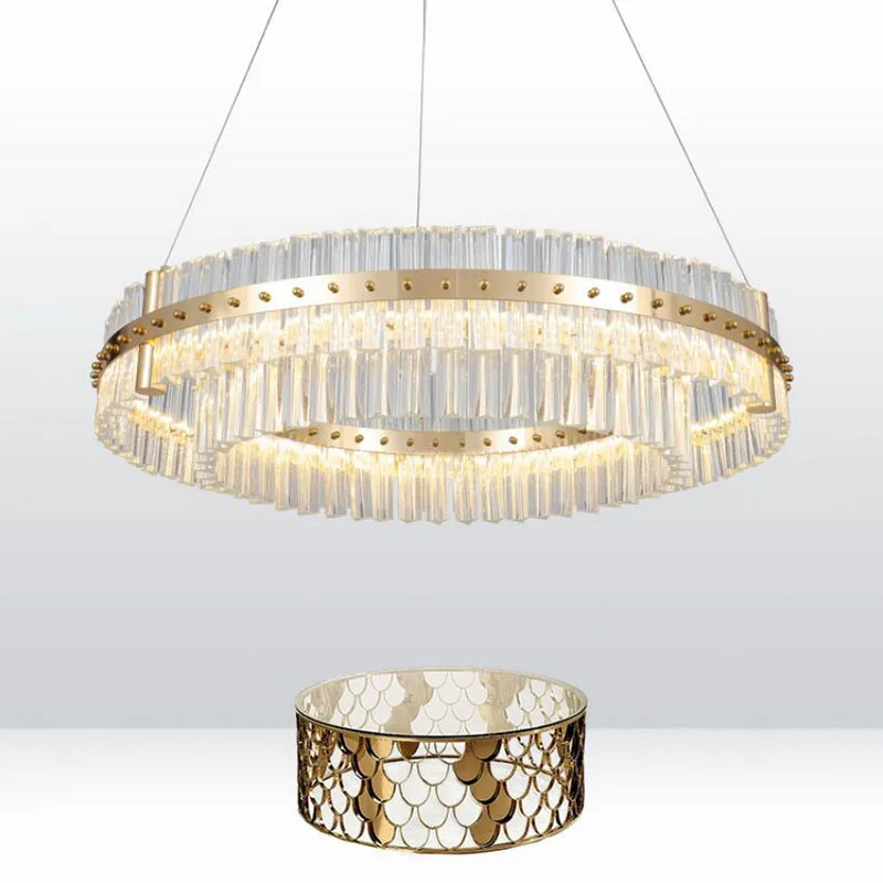 

Modern Chandelier Room LED Luxury Crystal Lamp Double Glass Suspension Layer Dining Room Chandelier Lighting Gold