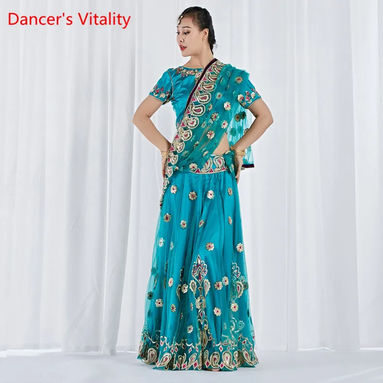 Clothes For Dancing, Stage Costume Belly Dancing Clothes Indian Dance Costume Bollywood 3 Pieces Set(Top, Skirt And Sari