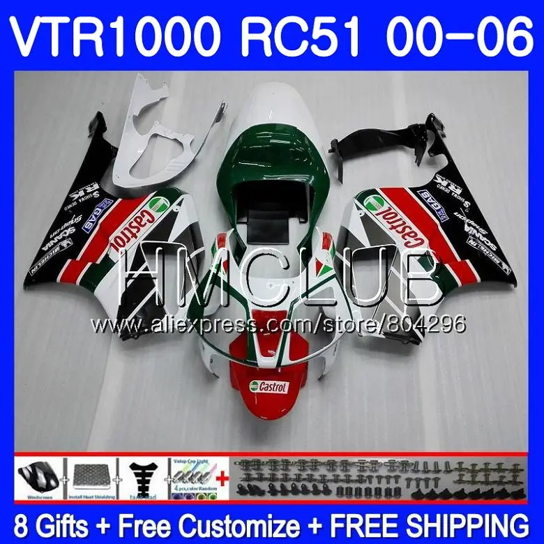 

Fairing For HONDA VTR1000 2000 2001 2002 2003 2004 2005 2006 80HM.0 RTV1000 VTR 1000 RC51 SP1 SP2 01 02 03 04 05 06 Green white