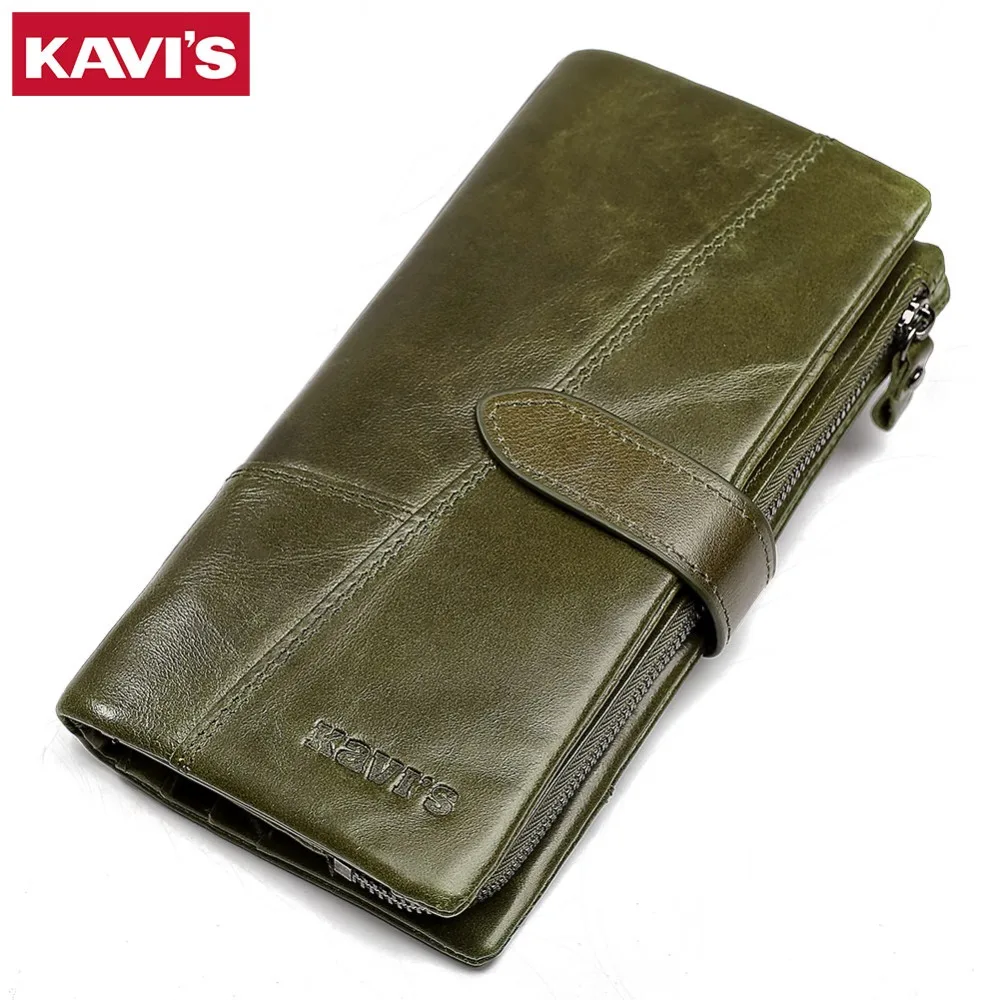 Дешево KAVIS модный кошелек из 100% натуральной кожи женский кошелек для монет Portomonee удобный длинный зажим для денег Дамский валлет держатель для карт ...