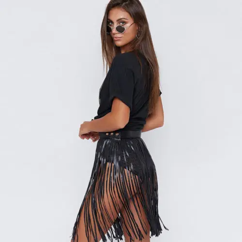 

Sexy Womens Lady Black Hippie Boho Fringe Tassel PU Leather Mini Belt Skirt