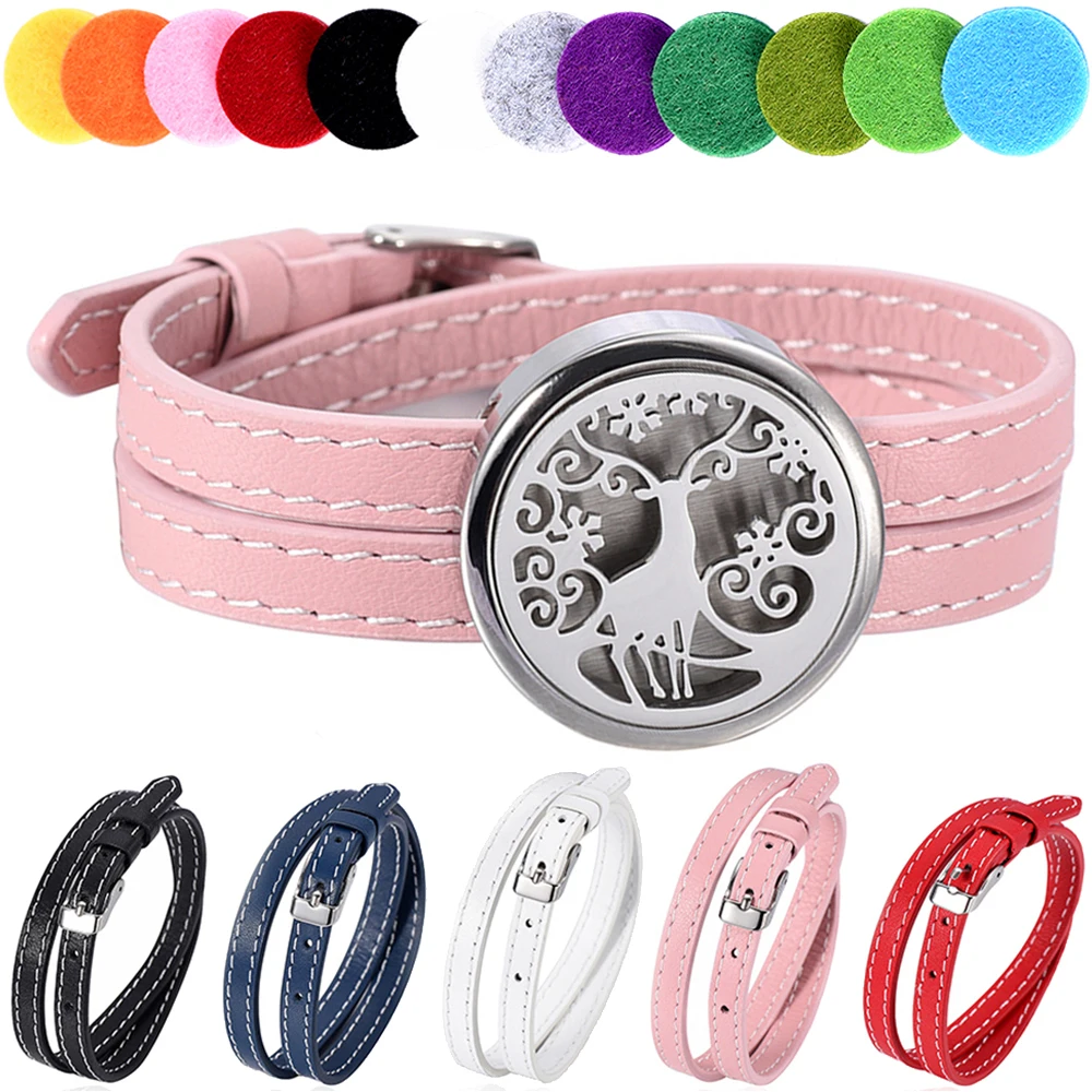 

Essential Oil Diffuser Bracelet,Stainless Steel Aromatherapy Locket Bracelets Leather Band with 12 Color Pads
