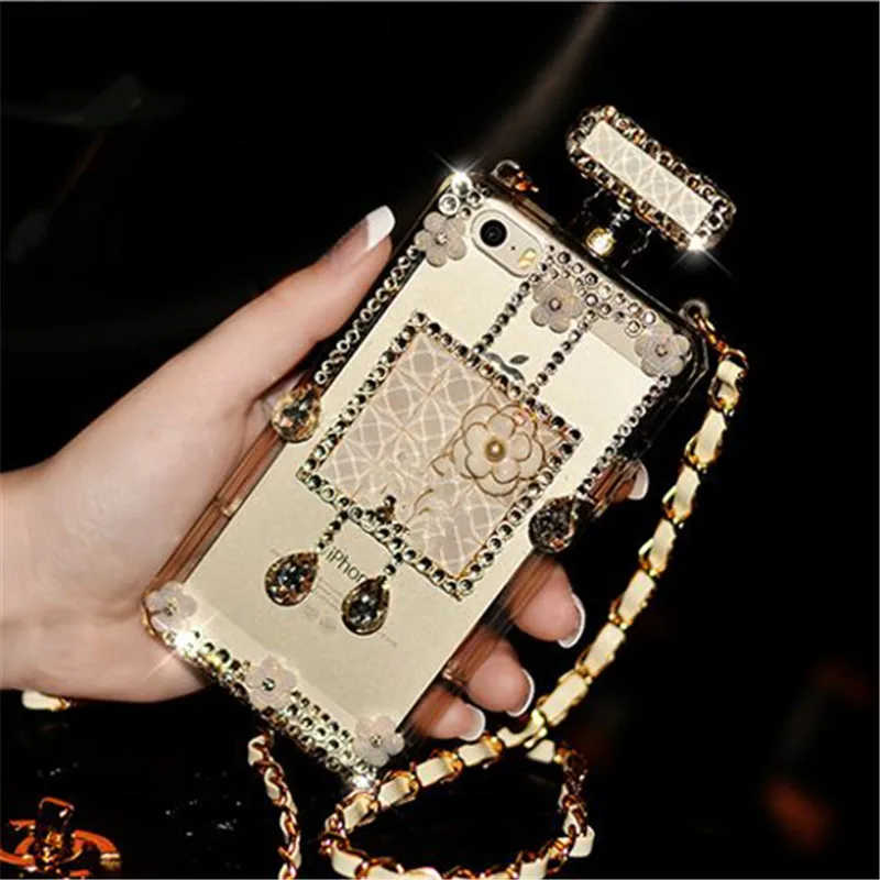 Aoweziic Luxury Perfume Bottle cover For iphone XR 6s 7 8plus XS MAX Diamond gem Flowers Soft Clear TPU phone case with Chain