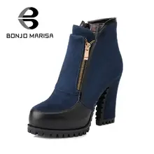 BONJOMARISA 2016 Nouvelle Neige Bottes Femmes Épais Haute Talons Ajouter Fourrure Chaussures Femme Zipper Chelsea Bottes Cowboy Plate-Forme D’hiver Chaussures