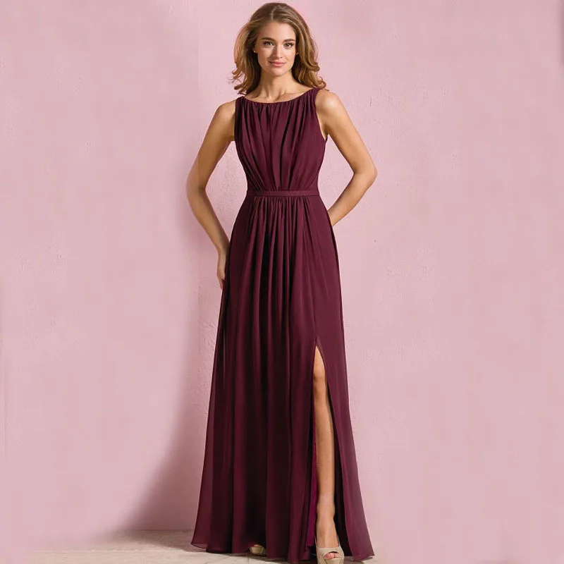 New Burgundy  Beach Bridesmaid  Dresses  Long 2019 Side Split 