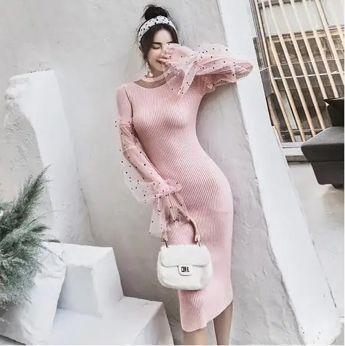 Vestidos осенне зимнее облегающее платье свитер туника женское розовое лоскутное