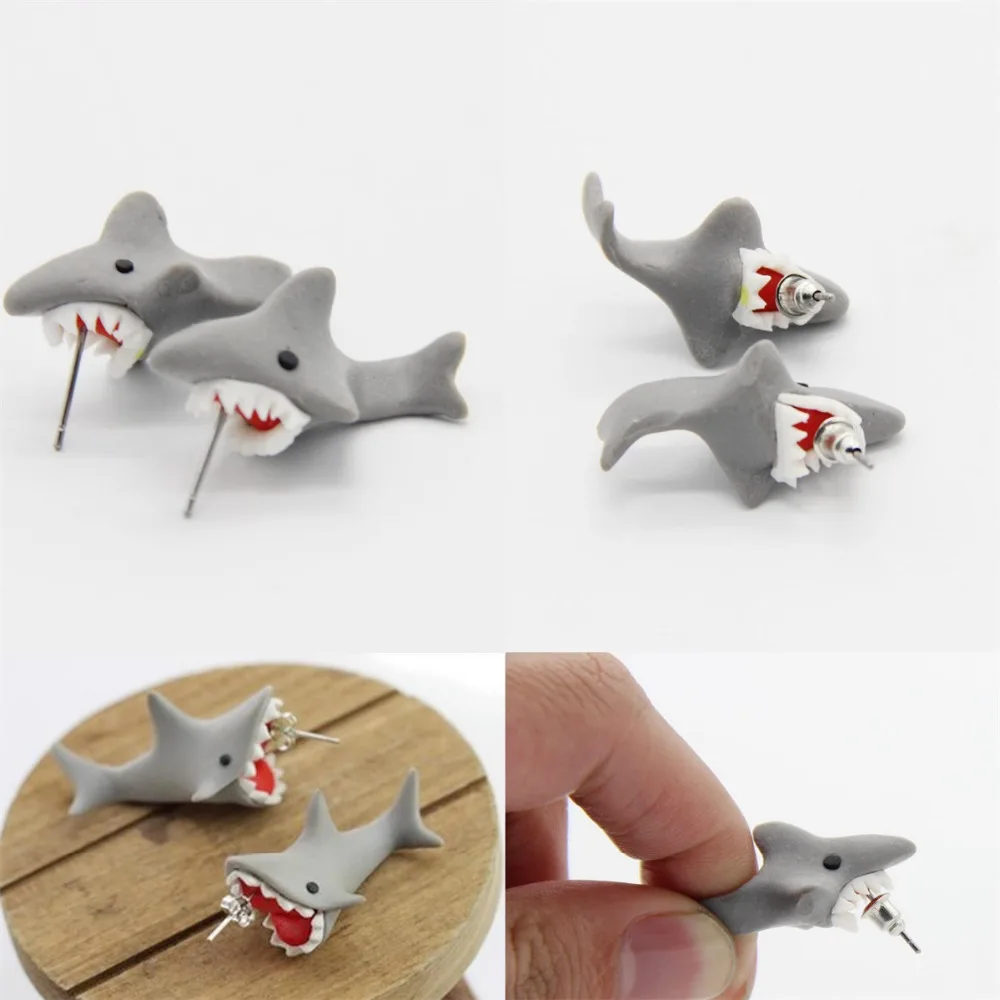 

3D Animal Shark Polymer Clay Women's Ear Stud Earrings Fashion Jewelry Present
