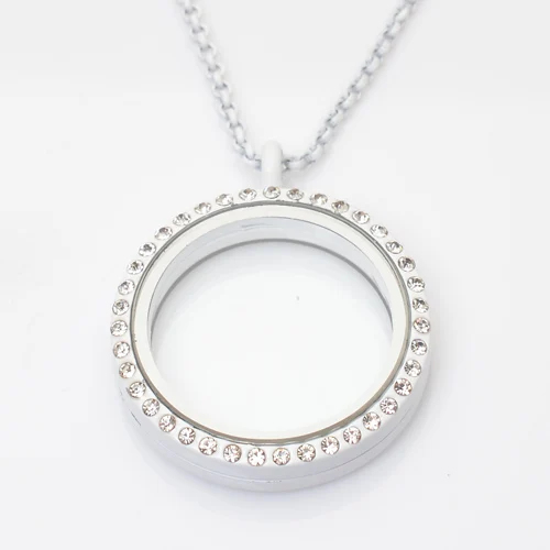 

30mm white round floating charm locket, ,living locket with white rhinestones FN0023(chains included)