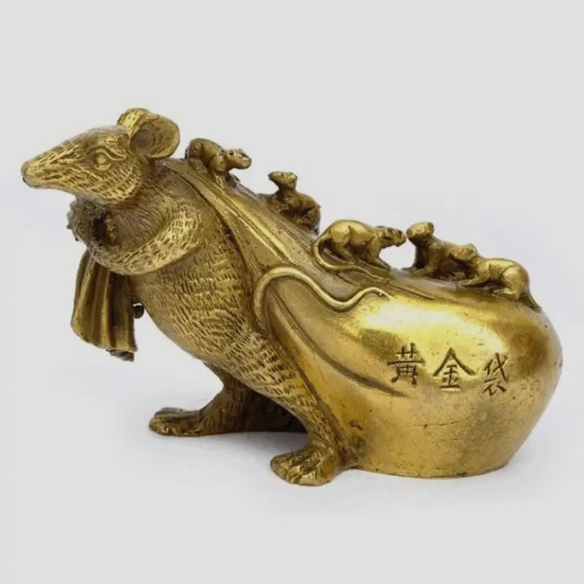 Chinese Zodiac Brass Lucky Animals Sculpture Wealth 5 Mouse Money Bag