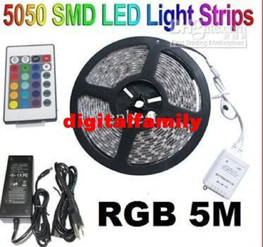 

IP65 5050 RGB LED Strip light 5m/set SMD5050 led flexible strip 120leds/m lamp waterproof double row +44KEY+12V 5A adapter