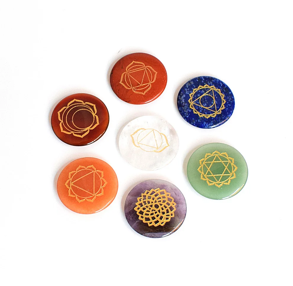 

Set of 7 Pieces Ultrathin Natural Chakra Stones Engraved Chakra Symbols Healing Crystal Round Palm Stone with a Free Pouch