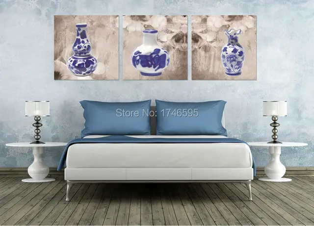 big 3pcs modern home decoration blue white porcelain wall art