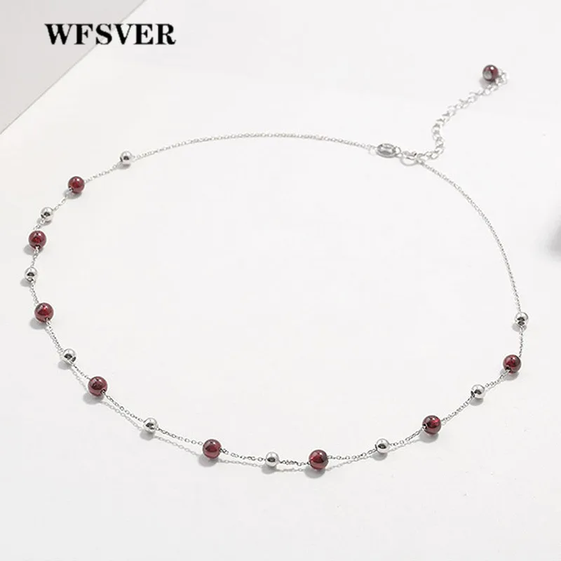 

WFSVER Women 925 Sterling Silver Jewelry Necklace Korea Style Round Beads With Garnet Necklace Female Fashion Jewelry Present
