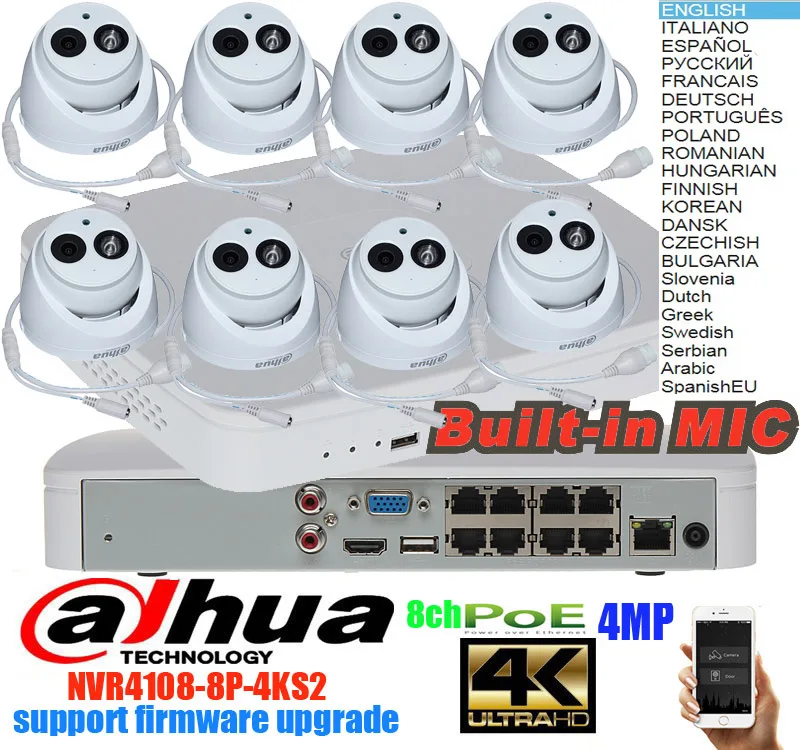 Mutil язык dahua H.265 4MP POE IP камера DH-IPC-HDW4433C-A система безопасности камера открытый 8CH 1080P NVR4108-8P-4KS2 комплект