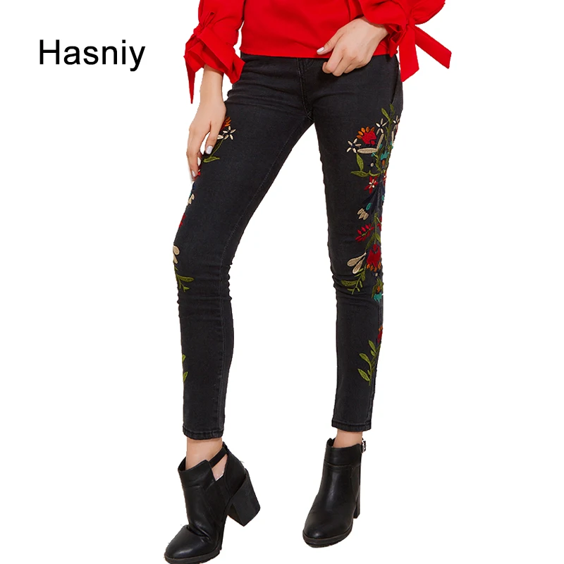 Hasniy floral embroidery casual pencil pants women high