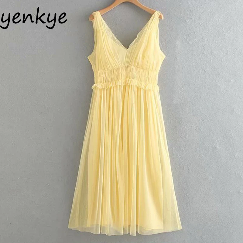 

2019 Women V Neck Sleeveless Yellow Mesh Dress Lady Sexy Backless Midi A-line Summer Dress OZZ9162