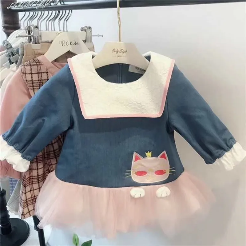 

Girls Dress Autumn Winter Girl Clothes Lace Collar Embroidered Cat Pattern New Design Fleece Lining Thick Warm Baby Girls Dress