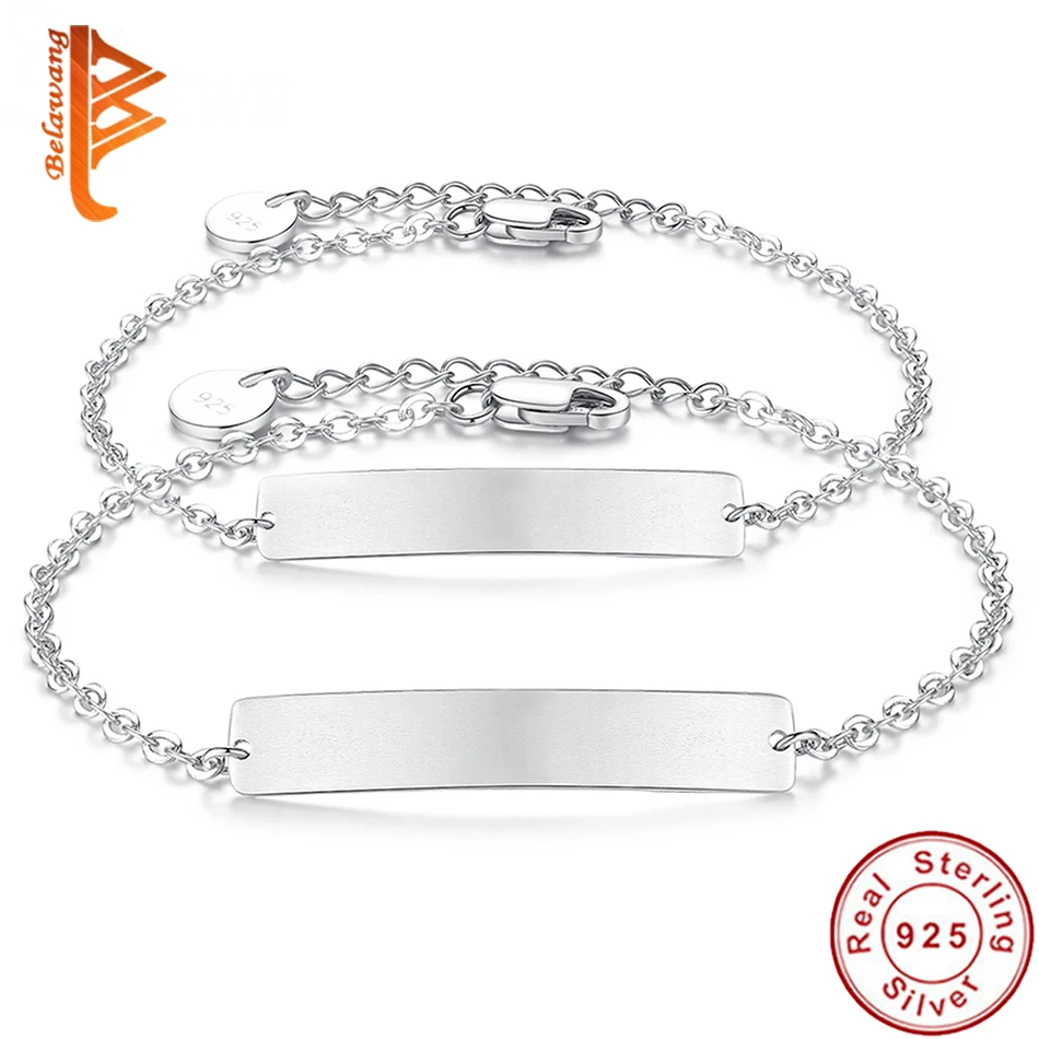 

BELAWANG New Fashion Free Engrave Custom Charm Bracelets for Women Men 925 Sterling Silver Bracelet Wedding Engagement Jewelry
