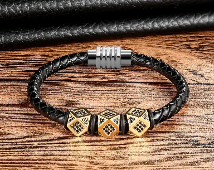XQNI треугольник геометрический раздел с магнитной пряжкой инкрустированные кубический циркон браслеты для мужчин из натуральной кожи браслет и браслет подарок