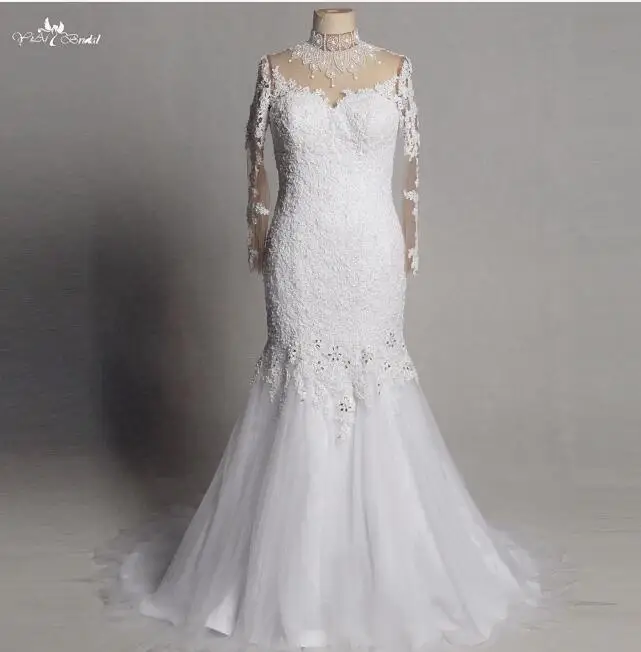 picture color RSW1318 реальные фотографии Yiaibridal с длинными рукавами с высоким вырезом Свадебное платье-Русалка - Цвет: picture color